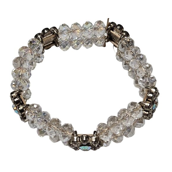 Elegant Vintage Beaded Stretch Bracelet Crystal Bead Rhinestone Flower Accents - Picture 2 of 5